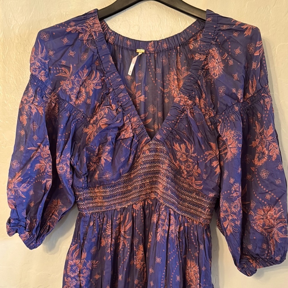Free People Floral V-Neck Dress in Blue and rust
